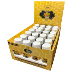 GG Dark Blend Crush Grabba Honey 24CT, display of 24 small containers with honey-flavored Grabba gum inside a yellow honeycomb-patterned box. GG Dark Blend Crush Grabba Honey 24CT, display of 24 small containers with honey-flavored Grabba gum inside a yellow honeycomb-patterned box.
