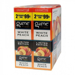 Swedish Match Game Cigarillos Foil White Peach, retail box containing 30 pouches of 2 flavored cigarillos with a white peach flavor design. Swedish Match Game Cigarillos Foil White Peach, retail box containing 30 pouches of 2 flavored cigarillos with a white peach flavor design.
