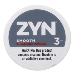 Zyn Nicotine Pouches Smooth 3 Mg 15/5 Tins, round white container with a grey label displaying the ZYN logo, nicotine strength, and warning message. Zyn Nicotine Pouches Smooth 3 Mg 15/5 Tins, round white container with a grey label displaying the ZYN logo, nicotine strength, and warning message.