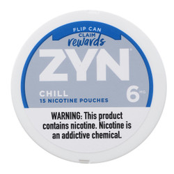 Zyn Nicotine Pouches Chill 6 Mg 15/5 Tins, round white container with blue and gray label, indicating nicotine pouch product with warning about nicotine addiction.