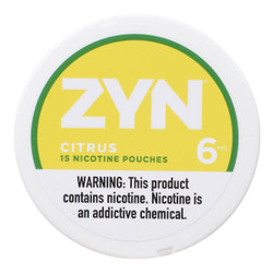 Zyn Nicotine Pouches Citrus 6 Mg, round white container with yellow and green label indicating 15 nicotine pouches, warning label about nicotine addiction.