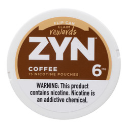Zyn Nicotine Pouches Coffee 6 Mg 15/5 Tins, product image showing a round white tin container with a brown and white label highlighting the nicotine content and flavor.
