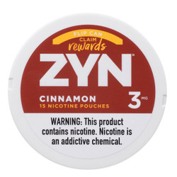 Zyn Nicotine Pouches Cinnamon 3 Mg 15/5 Tins, round white can with red and yellow label featuring the Zyn logo, nicotine content, and warning message.