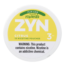Zyn Nicotine Pouches Citrus 3 Mg 15/5 Tins, circular tin container with yellow and green label featuring product name, nicotine content, and warning message.