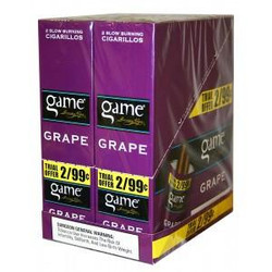 Swedish Match Game Cigarillos Foil Grape, a box containing 30 pouches of grape-flavored cigarillos in foil packaging. Swedish Match Game Cigarillos Foil Grape, a box containing 30 pouches of grape-flavored cigarillos in foil packaging.