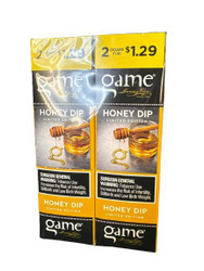 Swedish Match Game Cigarillos Foil Honey Dip 30/2 Ct, two packs of honey-flavored cigarillos with honey dip branding and warning labels on the packaging.