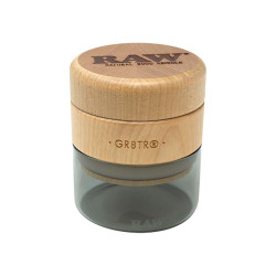 RAW Natural Wood Grinder, image of a compact, eco-friendly grinder with a wood top and transparent container for herbs or spices.