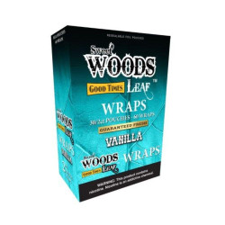 Good Times Sweet Woods Vanilla Wraps 30 Packs of 2, blue and black packaging of flavored rolling wraps for smoking. Good Times Sweet Woods Vanilla Wraps 30 Packs of 2, blue and black packaging of flavored rolling wraps for smoking.