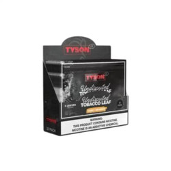 Tyson 2.0 Undisputed Tobacco Leaf Wraps 10/5, black packaging box with red Tyson logo, featuring premium tobacco leaf wraps inside labeled for smoking use. Tyson 2.0 Undisputed Tobacco Leaf Wraps 10/5, black packaging box with red Tyson logo, featuring premium tobacco leaf wraps inside labeled for smoking use.