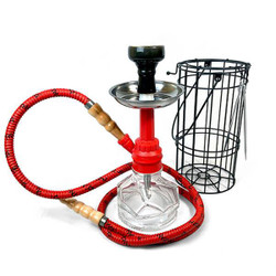 The Chico MYA Hookah with wire Basket, modern water pipe for smoking, featuring a red hose, glass base, metal stem, and an accompanying wire basket.
