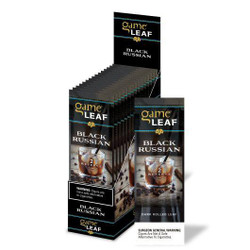 Game Leaf Cigars Black Russian 15/2 Ct, display box of dark rolled leaf cigars with branding and a glass of Black Russian cocktail on the front. Game Leaf Cigars Black Russian 15/2 Ct, display box of dark rolled leaf cigars with branding and a glass of Black Russian cocktail on the front.