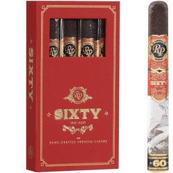Montecristo Rocky Patel Cigars Sixty Toro Sampler 4ct, red cigar box featuring four cigars with gold and black bands and a close-up of one cigar outside the box. Montecristo Rocky Patel Cigars Sixty Toro Sampler 4ct, red cigar box featuring four cigars with gold and black bands and a close-up of one cigar outside the box.