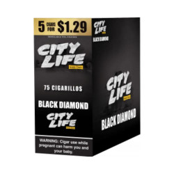 Good Times City Life Cigarillos, black diamond flavor, 75 cigarillos pack, promotional offer of 5 for $1.29, includes a warning about pregnancy risks. Good Times City Life Cigarillos, black diamond flavor, 75 cigarillos pack, promotional offer of 5 for $1.29, includes a warning about pregnancy risks.