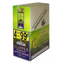Global Tobacco Clipper Cigarillos White Grape 15 Pouches of 4, a box of cigarillos with green and purple branding, promoting a 4 for 99¢ offer.
