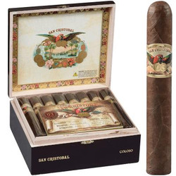 San Cristobal Coloso Cigars 24 Ct. Box, open cigar box showing multiple cigars with decorative band, and a single cigar outside the box. San Cristobal Coloso Cigars 24 Ct. Box, open cigar box showing multiple cigars with decorative band, and a single cigar outside the box.