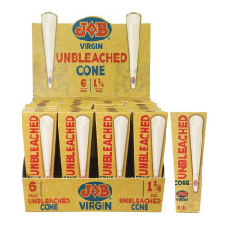 JOB Papers JOB Virgin 1 1/4 Pre-rolled Cones 32/6 Ct. Display, product image showing a cardboard display box with six individual packs of unbleached cones, each featuring a cone illustration and product details. JOB Papers JOB Virgin 1 1/4 Pre-rolled Cones 32/6 Ct. Display, product image showing a cardboard display box with six individual packs of unbleached cones, each featuring a cone illustration and product details.