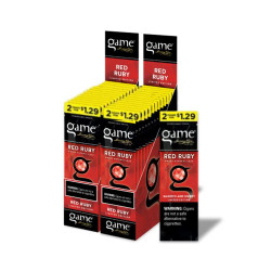 Swedish Match Game Cigarillos Foil Red Ruby 30 Pouches of 2, featuring a display box of limited edition Red Ruby cigarillos with black, red, and yellow packaging.