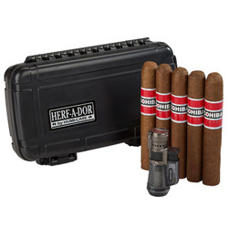 Cohiba Red Cigars Travel Combo with Lighter, including five cigars, a portable black humidor case, and a metal lighter. Cohiba Red Cigars Travel Combo with Lighter, including five cigars, a portable black humidor case, and a metal lighter.