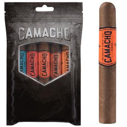 Camacho Cigars Toro Sampler 5ct, packaging with five cigars visible through a clear window and one individual cigar shown separately. Camacho Cigars Toro Sampler 5ct, packaging with five cigars visible through a clear window and one individual cigar shown separately.