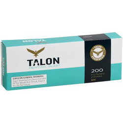 Scandinavian Tobacco Talon Filtered Cigars Menthol Blast 10/20 Ct, a box of menthol-flavored filtered cigars with teal, black, and white packaging featuring the Talon logo and warning label. Scandinavian Tobacco Talon Filtered Cigars Menthol Blast 10/20 Ct, a box of menthol-flavored filtered cigars with teal, black, and white packaging featuring the Talon logo and warning label.