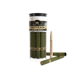 King Palm Wraps King Palm Leaf Cones Minis Variety Pack 20ct, cylindrical container with green leaf cones and a wrapped cone with the King Palm logo. King Palm Wraps King Palm Leaf Cones Minis Variety Pack 20ct, cylindrical container with green leaf cones and a wrapped cone with the King Palm logo.