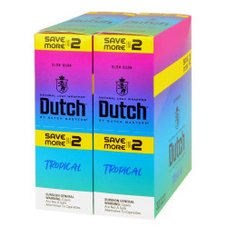 Product Altadis Dutch Masters Foil Cigarillos Tropical Fusion 30 Pouches of 2, colorful packaging with tropical theme, featuring yellow, pink, blue, and green colors, and text highlighting the product's flavor and features.