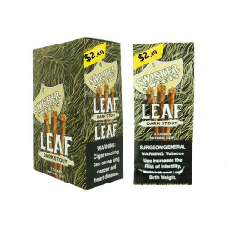 Swisher International Swisher Sweets Leaf Cigar Dark Stout 10/3Ct, packaging of natural leaf cigars with dark stout flavor, featuring bold black and green design with warning labels and price of $2.49. Swisher International Swisher Sweets Leaf Cigar Dark Stout 10/3Ct, packaging of natural leaf cigars with dark stout flavor, featuring bold black and green design with warning labels and price of $2.49.