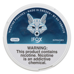 White Fox Nicotine Pouches, white round can of White Fox All White Nicotine Pouches with 12mg strength, containing 20 pouches, made in Sweden by GN Tobacco, featuring a geometric fox logo on a dark blue background and a nicotine warning label.