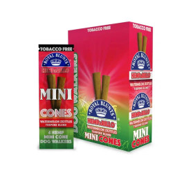Royal Blunts Hemparillo Terpene Blend Mini Cones Watermelon Zkittles 10/4, box of tobacco-free mini cones with watermelon zkittles terpene flavor and two mini cones displayed.