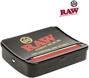 RAW Rawtomatic Rolling Box 79mm, black automatic rolling box with red and gold RAW logo and branding for easy rolling.