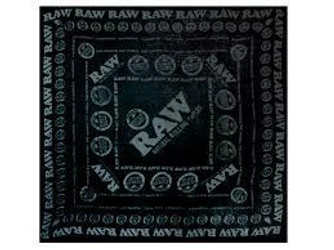 RAW Fashion Scarf Black on Black, close-up image of a black scarf with a detailed border design and RAW logo in the center.