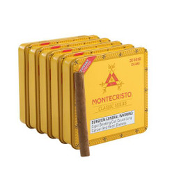 Montecristo Classic Mini Cigarillos 5 Tins of 20, yellow tin boxes of premium cigarillos with Montecristo branding and warning label. Montecristo Classic Mini Cigarillos 5 Tins of 20, yellow tin boxes of premium cigarillos with Montecristo branding and warning label.
