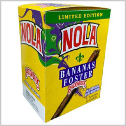 Altadis Backwoods NOLA Bananas Foster Cigars 8/5Ct, yellow and green packaging with a banana foster flavored cigar image on front. Altadis Backwoods NOLA Bananas Foster Cigars 8/5Ct, yellow and green packaging with a banana foster flavored cigar image on front.
