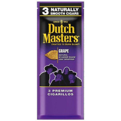 Altadis Dutch Masters Cigarillos Grape Foil 20/3, packaging of grape flavor cigarillos with purple and black design featuring the Dutch Masters logo and illustrations of people in hats. Altadis Dutch Masters Cigarillos Grape Foil 20/3, packaging of grape flavor cigarillos with purple and black design featuring the Dutch Masters logo and illustrations of people in hats.