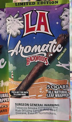 Altadis Backwoods LA Aromatic Cigars 8/5Ct - Limited Edition, close-up of colorful cigar packaging with palm trees and a small airplane illustration. Altadis Backwoods LA Aromatic Cigars 8/5Ct - Limited Edition, close-up of colorful cigar packaging with palm trees and a small airplane illustration.