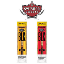 Swisher International Swisher Sweets BLK Wood Tip 20ct, two cigarette packages with wood tip flavor, one in smoother and one in cherry flavor, with the Swisher Sweets logo at the top. Swisher International Swisher Sweets BLK Wood Tip 20ct, two cigarette packages with wood tip flavor, one in smoother and one in cherry flavor, with the Swisher Sweets logo at the top.