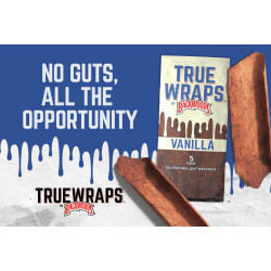 Altadis True Wraps by Backwoods Vanilla Leaf Wraps 16/5, image of vanilla flavored leaf wraps and packaging with the slogan 'No guts, all the opportunity'. Altadis True Wraps by Backwoods Vanilla Leaf Wraps 16/5, image of vanilla flavored leaf wraps and packaging with the slogan 'No guts, all the opportunity'.
