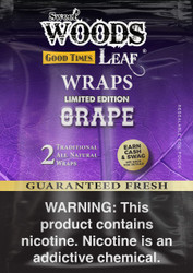 Good Times Sweet Woods Grape Wraps, purple packaging with black and yellow accents, featuring text about the product and a warning about nicotine content. Good Times Sweet Woods Grape Wraps, purple packaging with black and yellow accents, featuring text about the product and a warning about nicotine content.