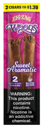Republic Group Zig Zag Natural Leaf Woods Cigars Sweet Aromatic, two cigars in a brown leaf wrapper with aromatic filling, pink and black packaging design, featuring promotional offer '2 Cigars for $1.39' and a nicotine warning label. Republic Group Zig Zag Natural Leaf Woods Cigars Sweet Aromatic, two cigars in a brown leaf wrapper with aromatic filling, pink and black packaging design, featuring promotional offer '2 Cigars for $1.39' and a nicotine warning label.