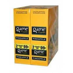 Swedish Match Game Cigarillos Foil Pineapple, packaging of 30 pouches with 2 cigarillos each, featuring yellow and black design. Swedish Match Game Cigarillos Foil Pineapple, packaging of 30 pouches with 2 cigarillos each, featuring yellow and black design.