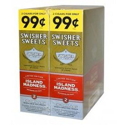 Swisher International Swisher Sweets Cigarillos Foil Island Madness 30 Pouches of 2, display box with yellow and red packaging for island Madness flavor, promotional price labels.