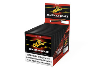 Inter-Continental Cigar Corporation Al Capone Jamaican Blaze Filter Cigarillos, 10 packs with 10 cigars each, in black and red packaging featuring the Al Capone logo and a cigar illustration. Inter-Continental Cigar Corporation Al Capone Jamaican Blaze Filter Cigarillos, 10 packs with 10 cigars each, in black and red packaging featuring the Al Capone logo and a cigar illustration.