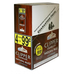 Global Tobacco Clipper Cigarillos Natural Buzz 15 Pouches of 4, product packaging of cigarillos in a brown and white box with promotional offers displayed. Global Tobacco Clipper Cigarillos Natural Buzz 15 Pouches of 4, product packaging of cigarillos in a brown and white box with promotional offers displayed.