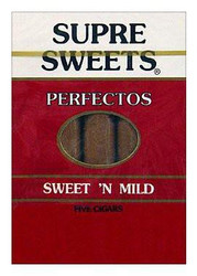 Altadis Supre Sweets Perfectos Cigars Pack, a box of cigarillos with a red and white design and transparent window showing the cigars inside. Altadis Supre Sweets Perfectos Cigars Pack, a box of cigarillos with a red and white design and transparent window showing the cigars inside.