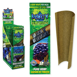 Juicy Jay Hemp Wraps Black N Blueberry, displayed in packaging with individual wraps and a close-up of the empty hemp wrap cone. Juicy Jay Hemp Wraps Black N Blueberry, displayed in packaging with individual wraps and a close-up of the empty hemp wrap cone.