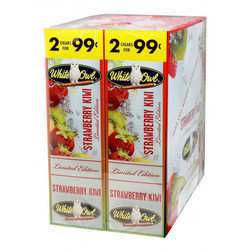 Swedish Match White Owl Cigarillos Strawberry Kiwi 30 Pouches of 2, product packaging with strawberry, kiwi, and watermelon images, and promotional offer of 2 for 99 cents. Swedish Match White Owl Cigarillos Strawberry Kiwi 30 Pouches of 2, product packaging with strawberry, kiwi, and watermelon images, and promotional offer of 2 for 99 cents.