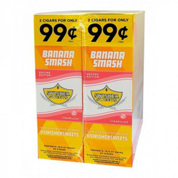 Swisher International Swisher Sweets Cigarillos Foil Banana Smash 30 Pouches of 2, retail box featuring yellow and orange packaging with promotional price, product branding, and social media info. Swisher International Swisher Sweets Cigarillos Foil Banana Smash 30 Pouches of 2, retail box featuring yellow and orange packaging with promotional price, product branding, and social media info.