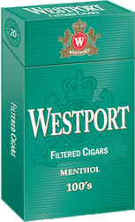 WestPort Tobacco Westport Filtered Cigars Menthol, green pack of menthol-flavored filtered cigars with the Westport logo. WestPort Tobacco Westport Filtered Cigars Menthol, green pack of menthol-flavored filtered cigars with the Westport logo.