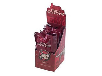 Ugly Coyote Cigars Cherry 5/8 Packs, retail display box with cherry flavored cigars in individual red foil packaging featuring a coyote cartoon logo. Ugly Coyote Cigars Cherry 5/8 Packs, retail display box with cherry flavored cigars in individual red foil packaging featuring a coyote cartoon logo.