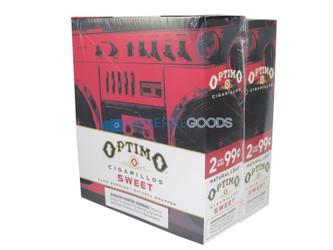 Swisher International Optimo Cigarillos Foil Pack Sweet 30 Packs of 2, blister pack of small sweet cigars with vibrant red and black packaging featuring speaker and DJ graphics. Swisher International Optimo Cigarillos Foil Pack Sweet 30 Packs of 2, blister pack of small sweet cigars with vibrant red and black packaging featuring speaker and DJ graphics.